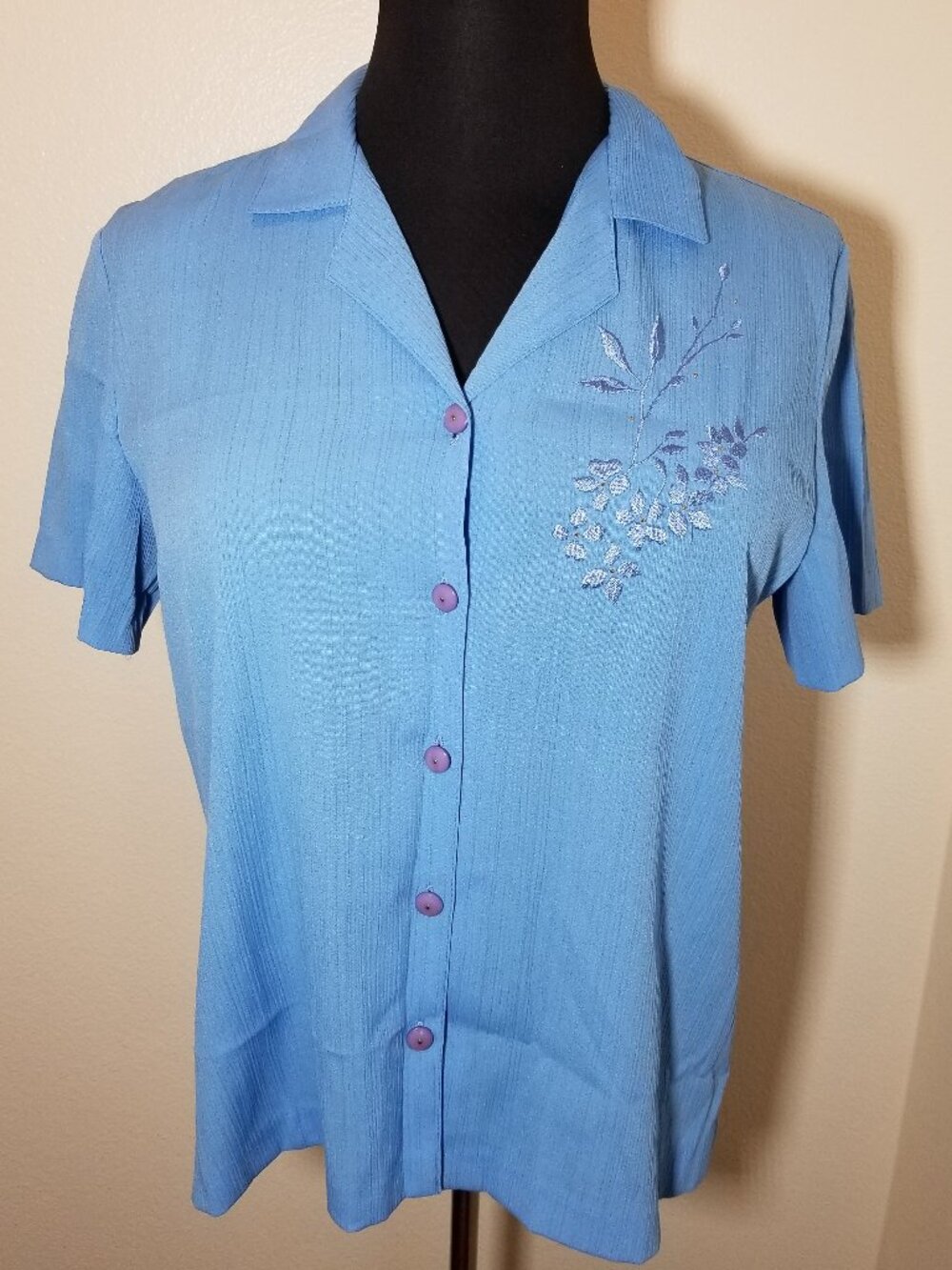 Graff Womens Large Blue Embroidered Floral Button Up Single Stitch Vintage Retro